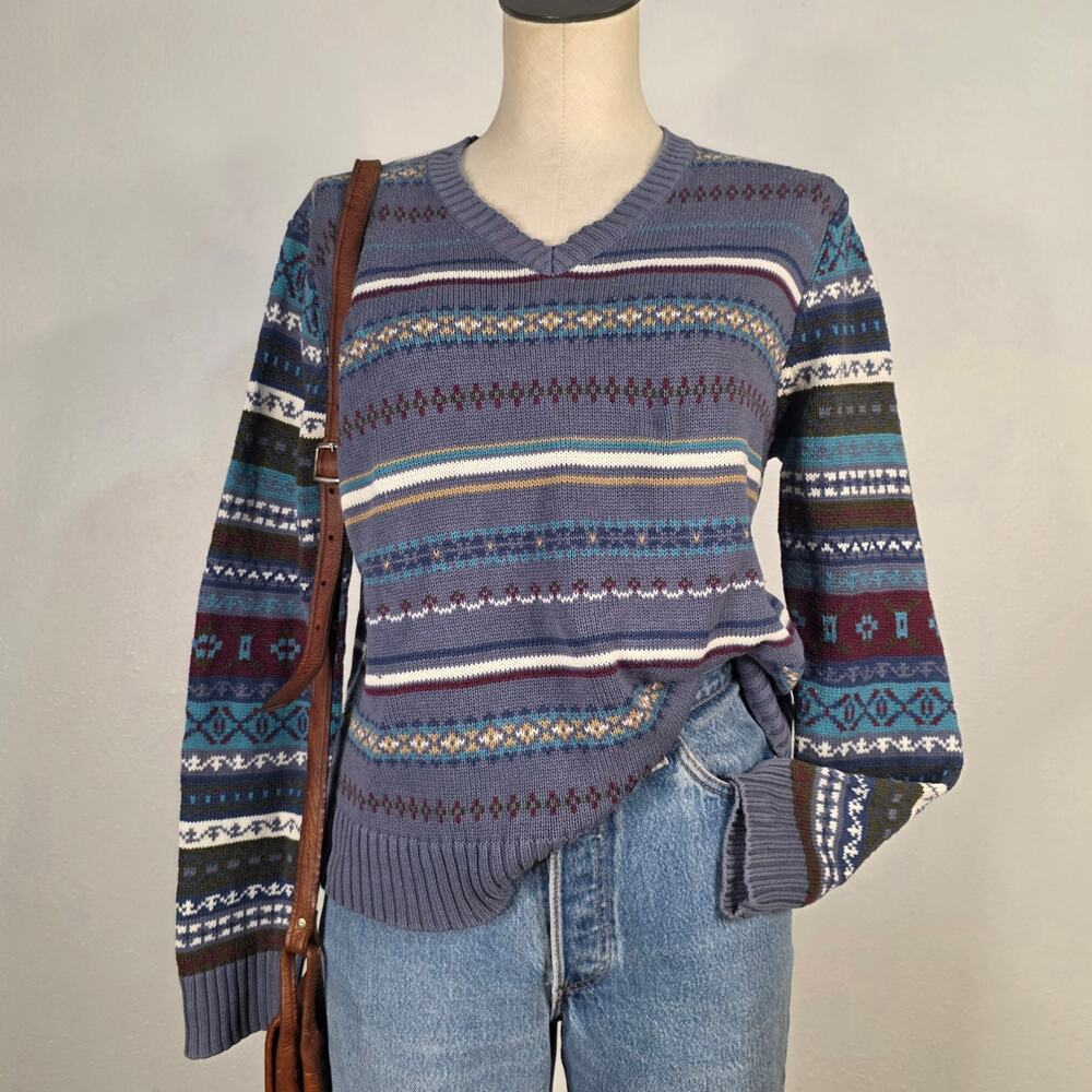 Y2K Fair Isle Sweater Blue Striped V-Neck Rory Indie Size Large Cabin Striped